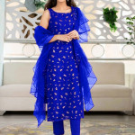 Blue and gold-toned embroidered semi-stitched dress material