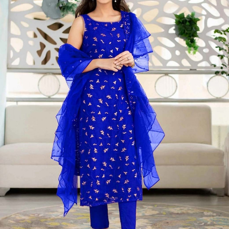 Blue and gold-toned embroidered semi-stitched dress material
